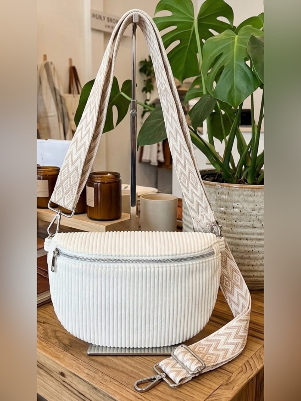 Cream Corduroy Crossbody Bag with Patterned Strap